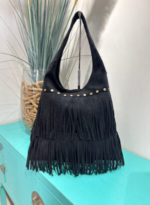BOLSO UN ASA CON FLECOS Y TACHUELAS - Negro