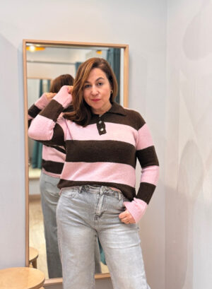 JERSEY CUELLO POLO CON RAYAS - Rosa