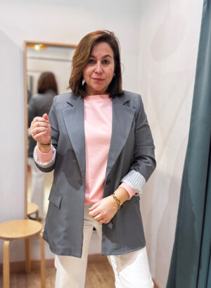 BLAZER OVERSIE CON FORRO DE RAYAS - Gris